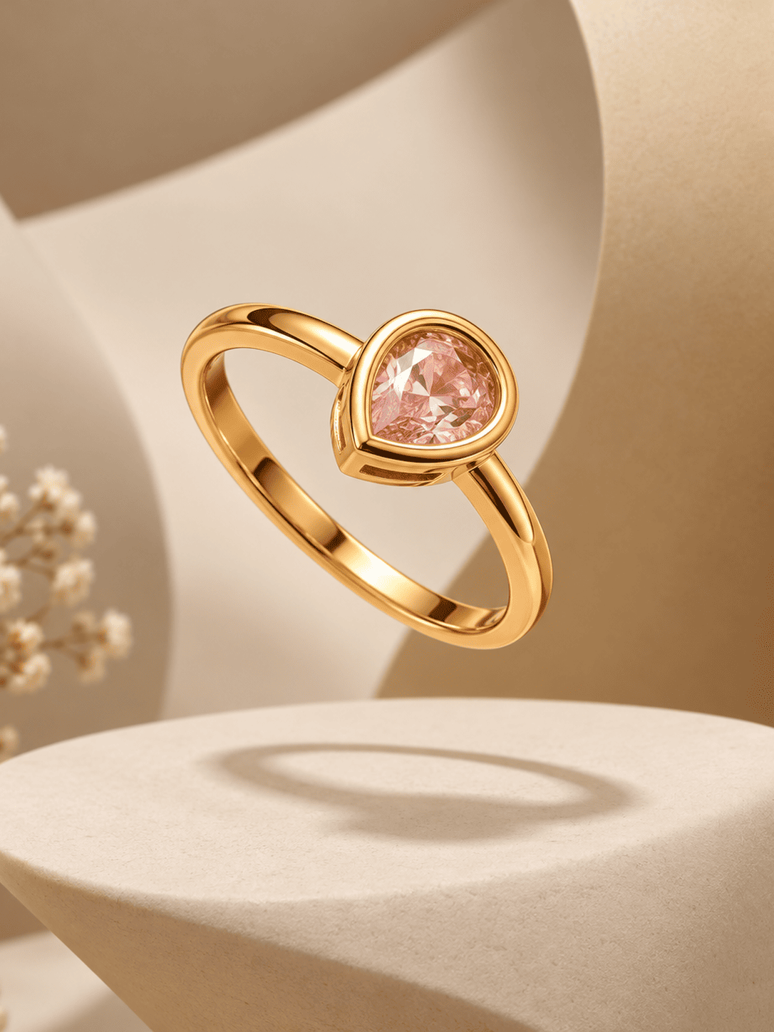 A delicate pink heart stone ring with elegant gold-tone detailing.
