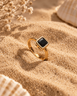 Black Square Stone Ring for Women – Gold Tone