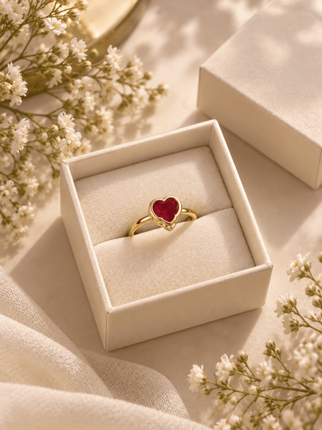 Red Heart Stone Ring for Women – Gold Tone 4 Red heart stone ring for women in jewellery box