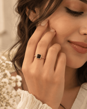 Black Square Stone Ring for Women – Gold Tone