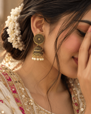 Black & Gold Jhumka Earrings for Women with Pearl Drops