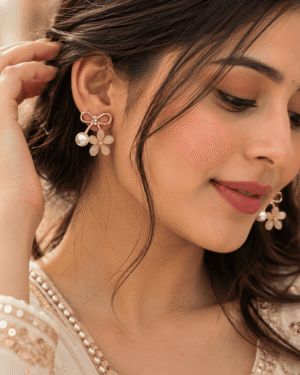 Bow Flower Pearl Drop Earrings for Women – Gold Tone