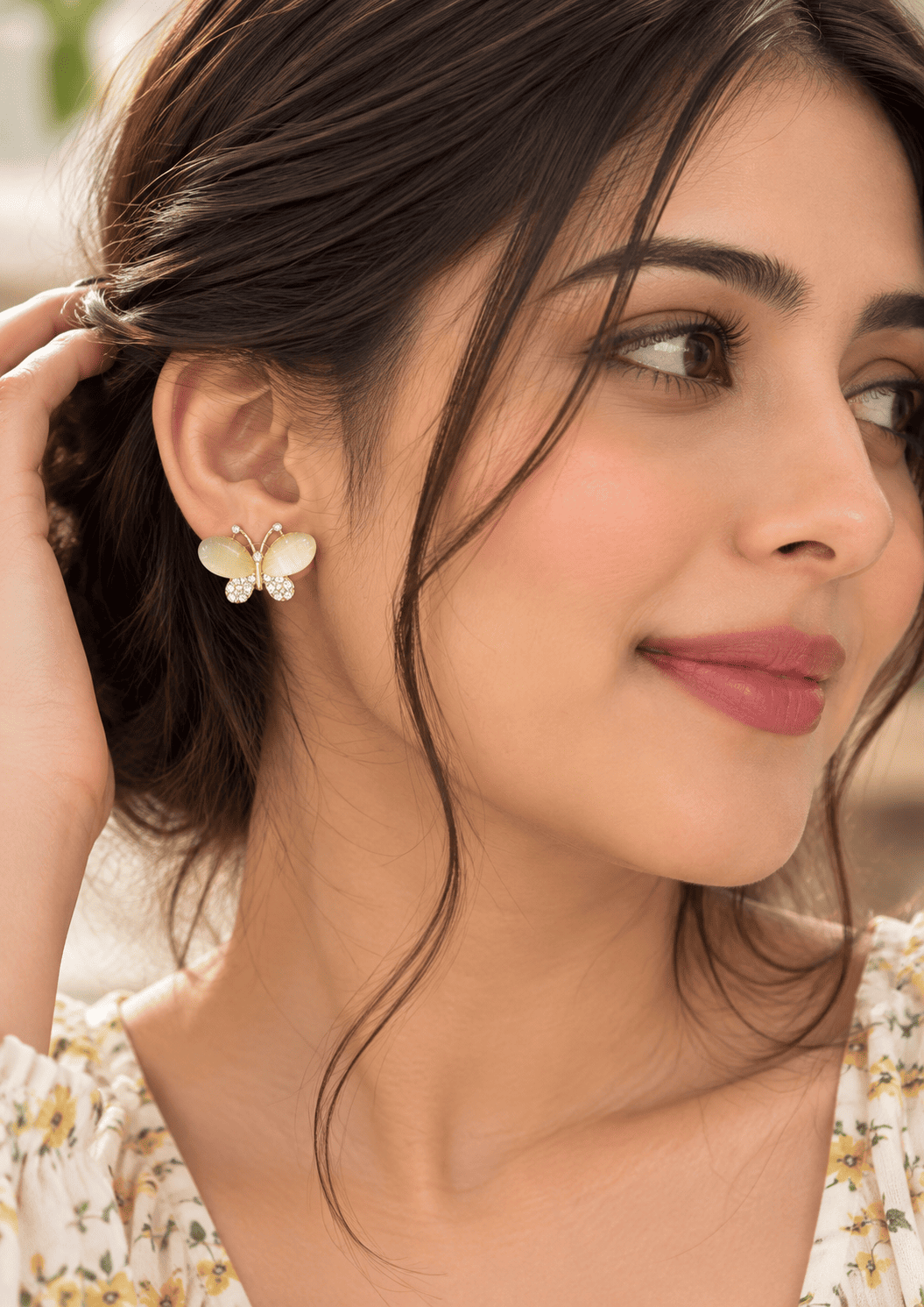 Golden Butterfly Drop Earrings for Women – Gold Tone 1 Woman wearing golden butterfly drop earrings