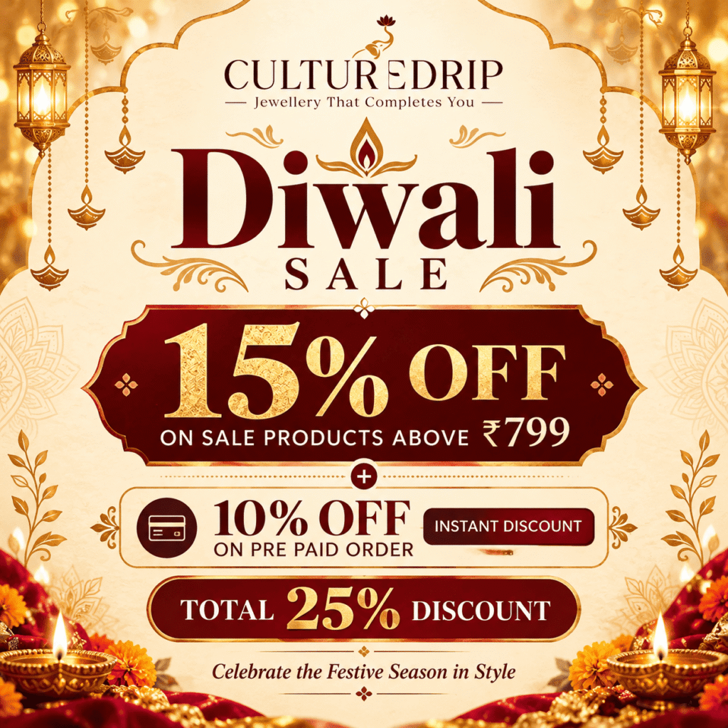Culture Drip Diwali jewellery sale banner offering 15% off on sale products above ₹799 and an additional 10% instant discount on prepaid orders
