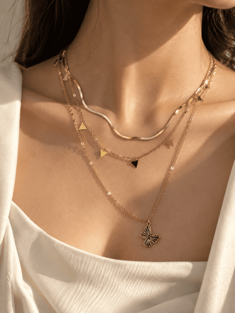 Woman wearing a gold-tone layered butterfly pendant necklace