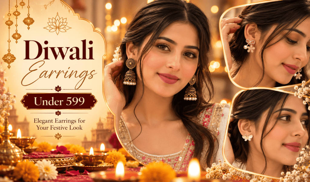 Diwali earrings collection featuring traditional jhumka earrings, floral pearl studs and elegant butterfly earrings for women