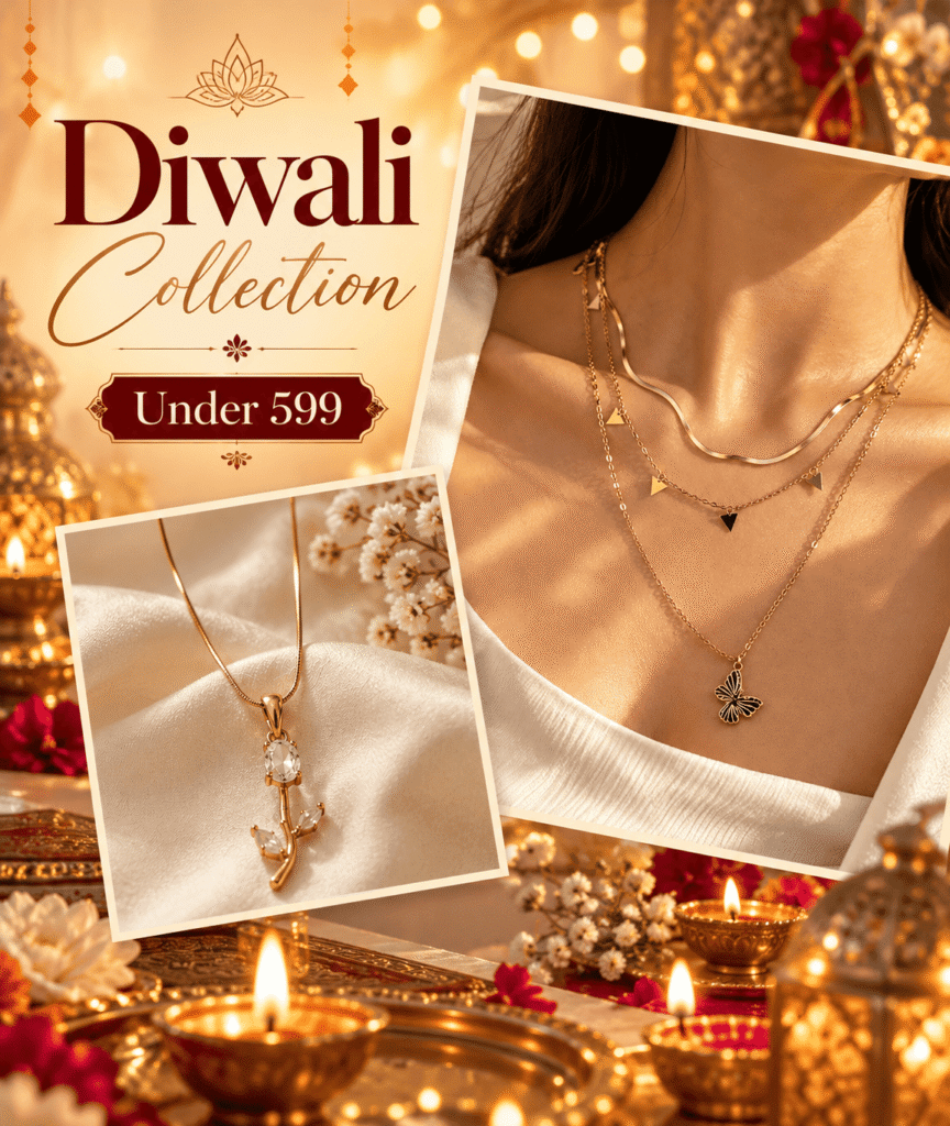 Culture Drip Diwali necklace collection featuring elegant gold-tone pendant and layered necklaces under ₹599