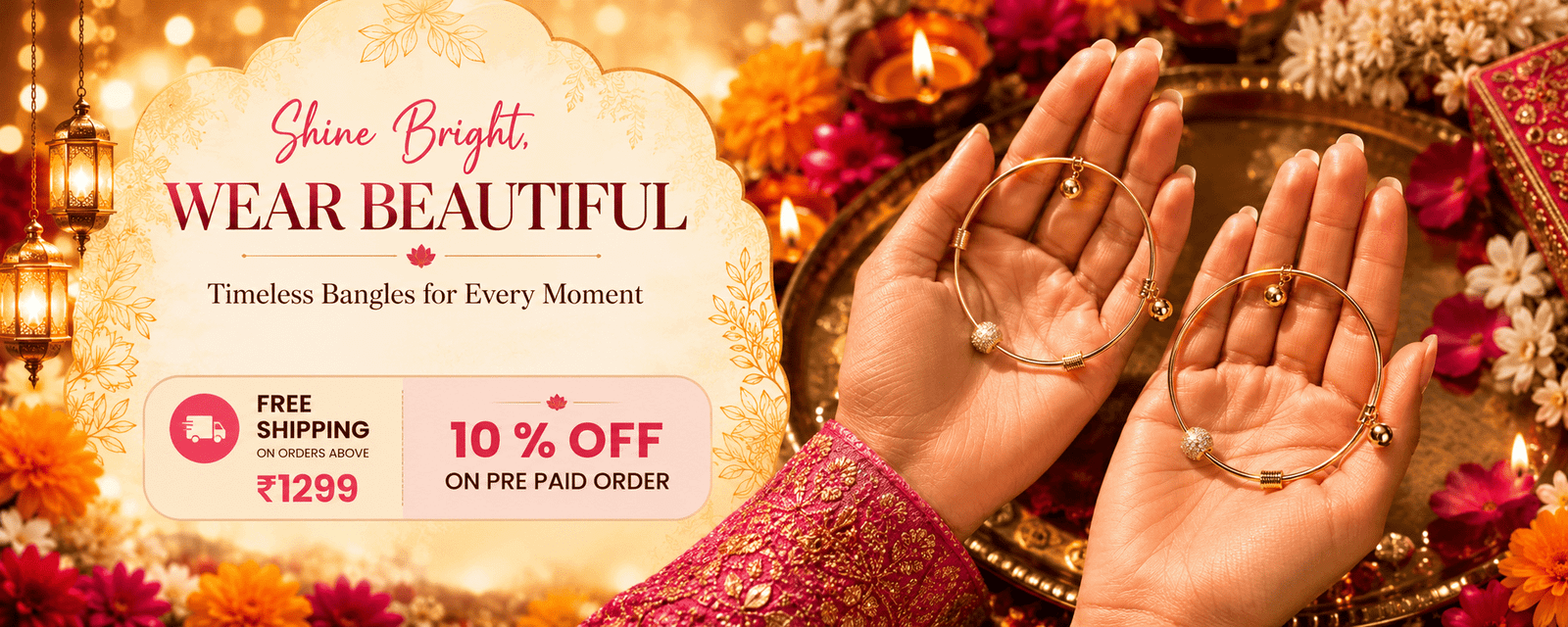 Diwali bangles offer banner featuring elegant gold-tone charm bangles, free shipping above ₹1299 and 10% off on prepaid orders